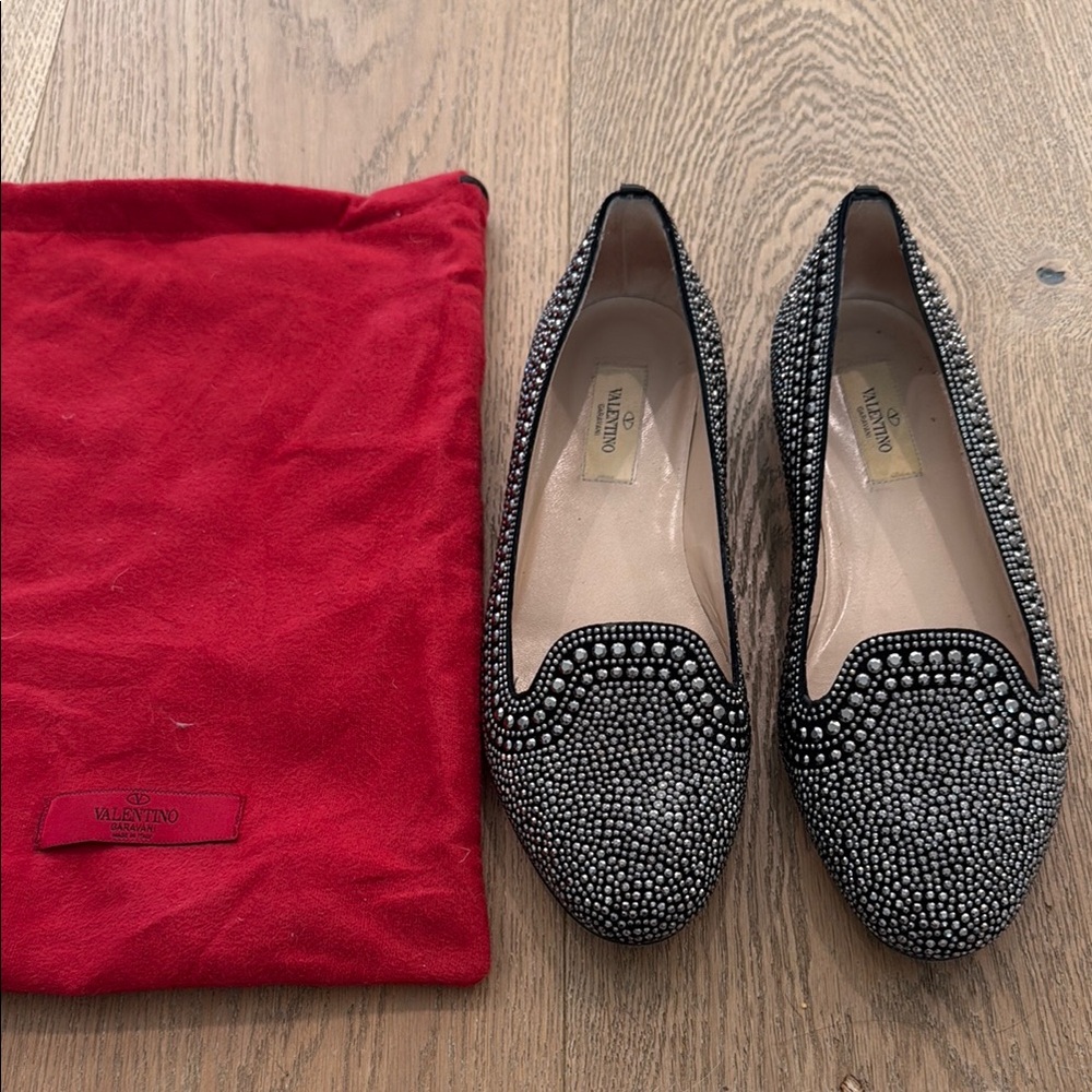 Valentino Women's Black and Silver Studded Loafers